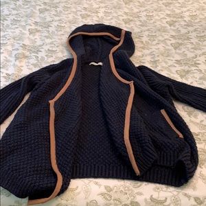 Hooded Navy knit sweater with suede patches